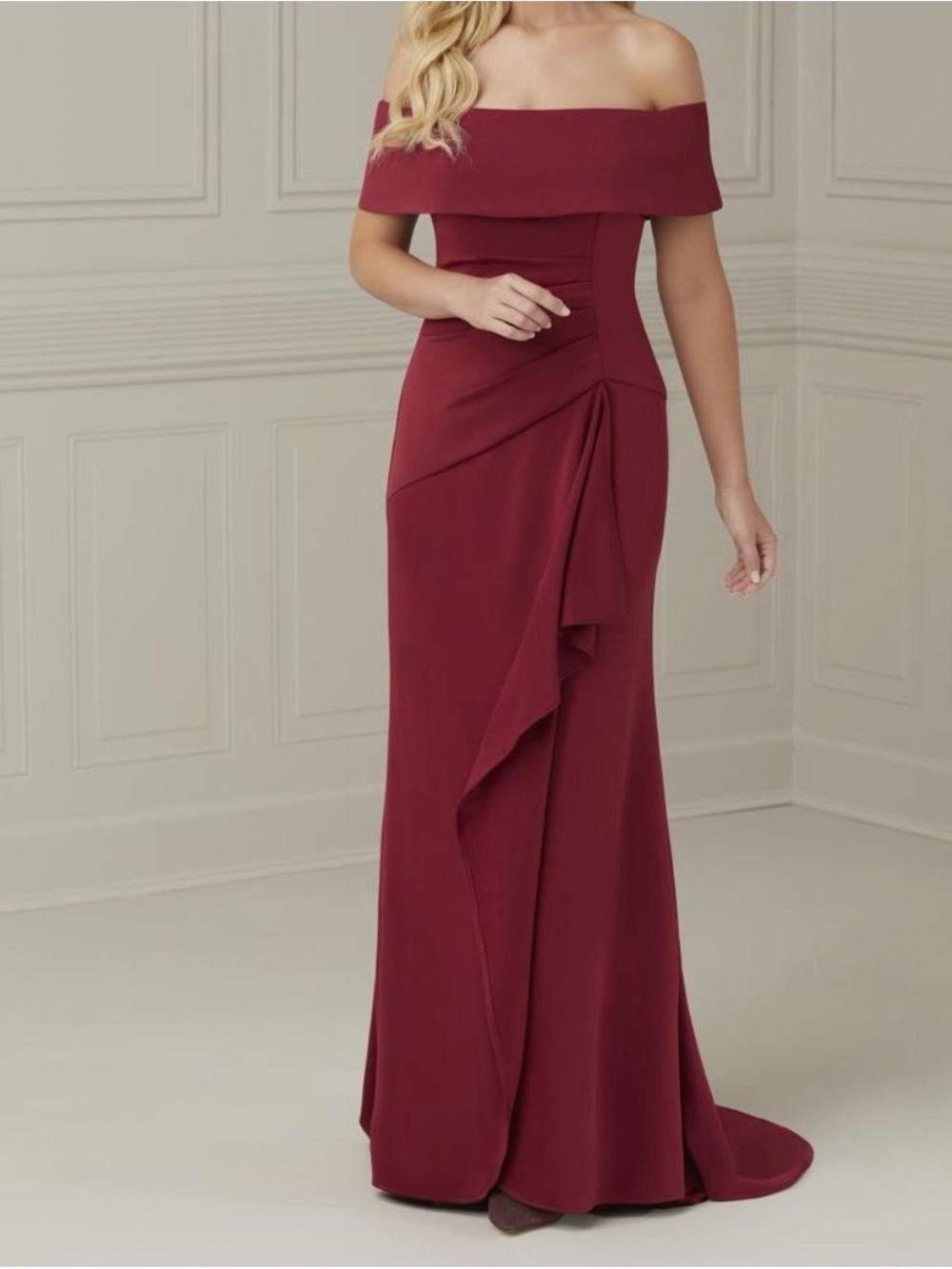 Christina Wu Off-Shoulder Burgundy Evening Gown